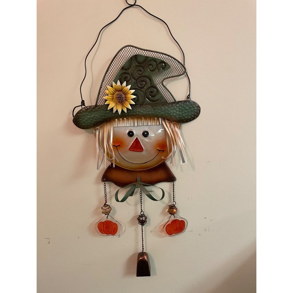 Metal Scarecrow Fall Decoration With Cowbell and Hanging Glass Pumpkins 26" tall